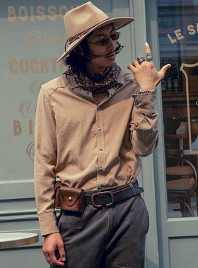 SOARIN复古西部风美式工装衬衫男原创设计感雅痞拼接毛边长袖衬衣