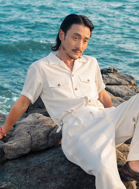 SOARIN复古美式工装古巴领衬衫男双口袋休闲垂感中性简约短袖衬衣