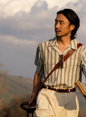 SOARIN复古英伦风古巴领条纹衬衫男夏季纯棉商务休闲修身短袖衬衣