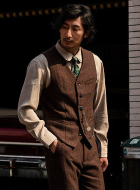 SOARIN复古英伦粗花呢西装马甲男 羊毛呢人字纹婚礼西服马夹背心