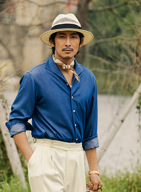 SOARIN英伦复古一片领长袖衬衫男 夏季免烫抗皱垂感休闲外穿衬衣