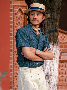 SOARIN英伦风复古格子短袖衬衫男 商务休闲修身夏威夷古巴领衬衣