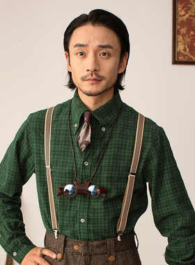 SOARIN英伦风复古格子长袖衬衫男 秋冬棉麻商务休闲修身西装衬衣