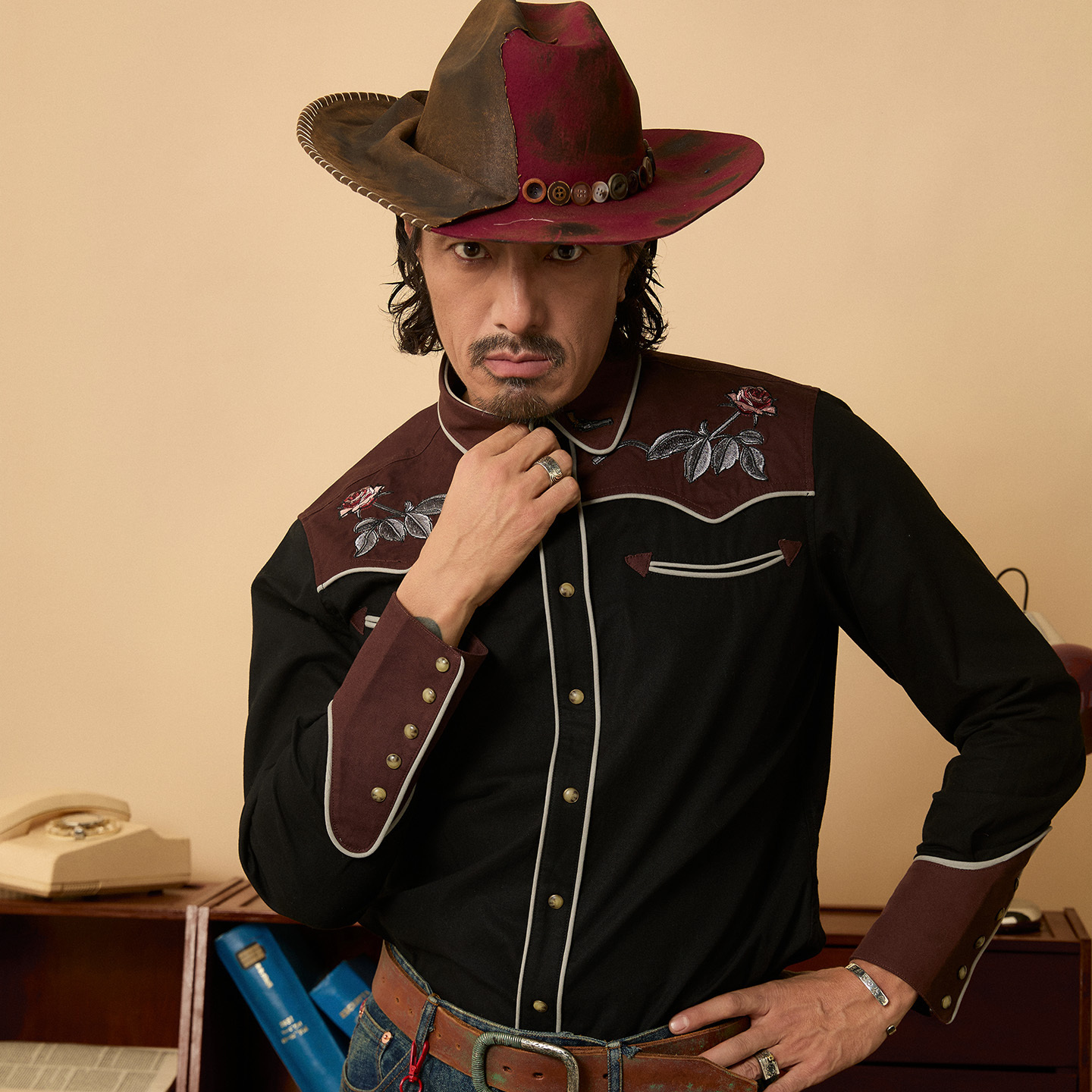 SOARIN复古美式西部风刺绣衬衫男 阿美咔叽休闲拼接长袖衬衣外套