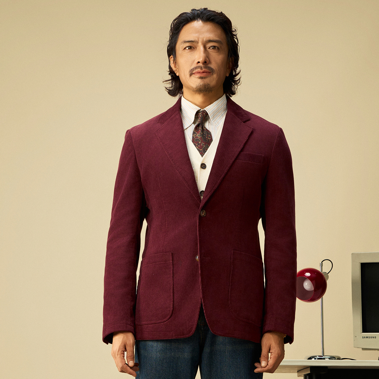 SOARIN意式复古灯芯绒西装外套男冬季保暖条绒商务休闲酒红色西服