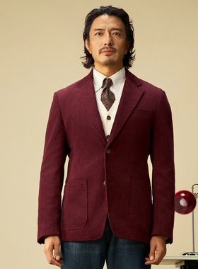 SOARIN意式复古灯芯绒西装外套男冬季保暖条绒商务休闲酒红色西服