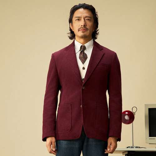 SOARIN意式复古灯芯绒西装外套男冬季保暖条绒商务休闲酒红色西服