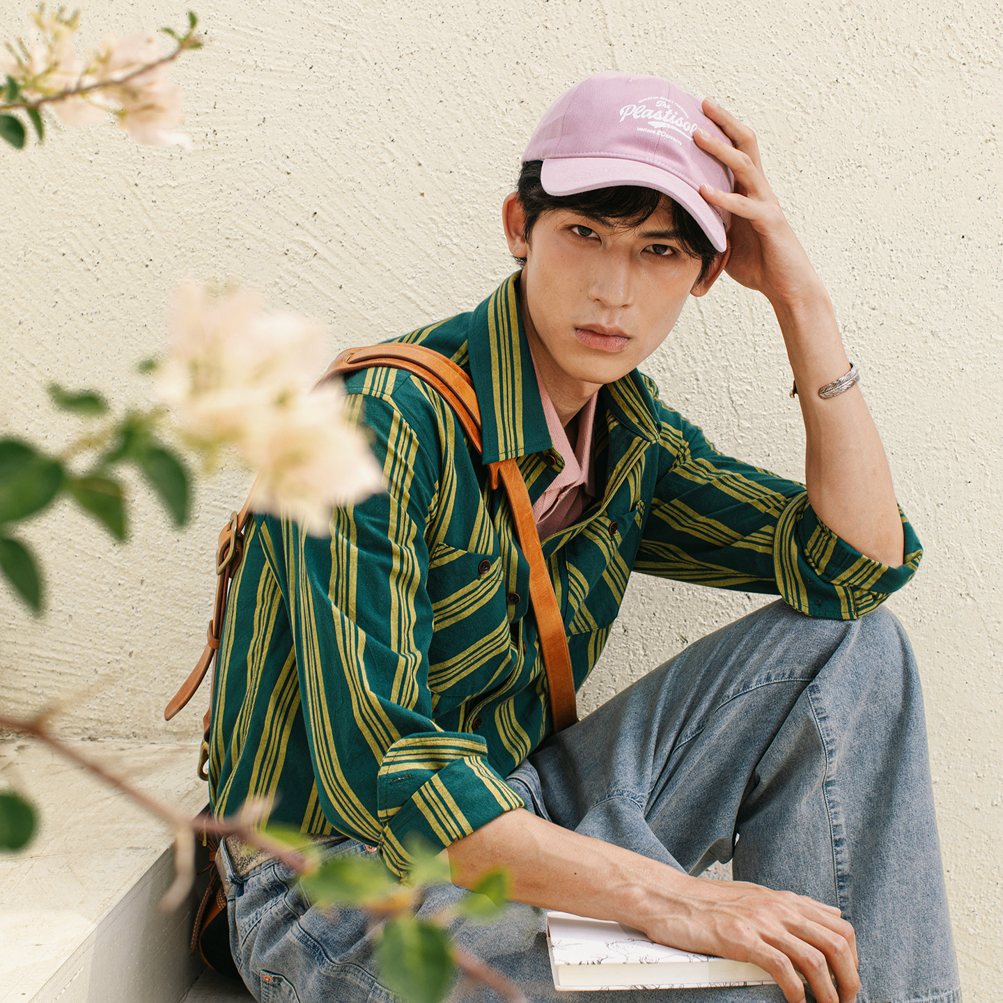 SOARIN美式工装绿条纹长袖衬衫男 慵懒风双口袋休闲宽松棉麻衬衣