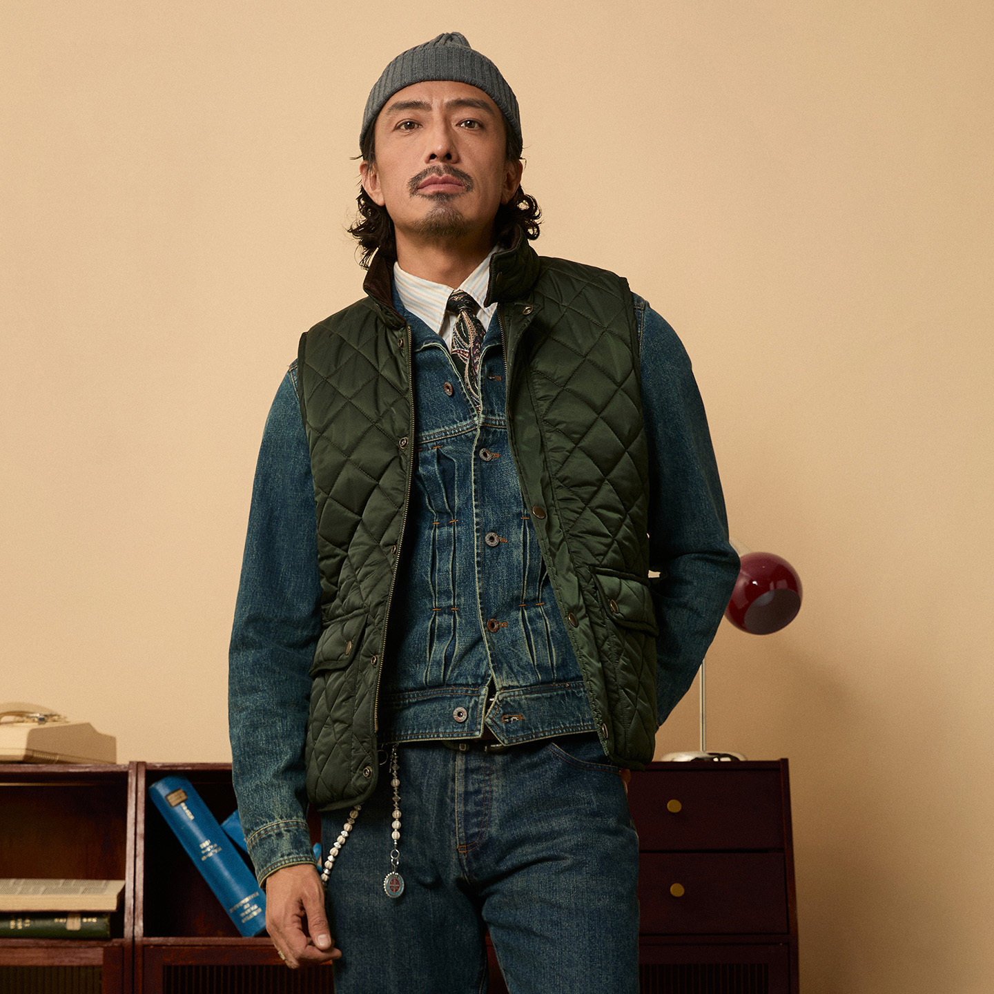 SOARIN美式复古夹棉菱格马甲背心男 阿美咔叽冬季内胆立领马夹潮