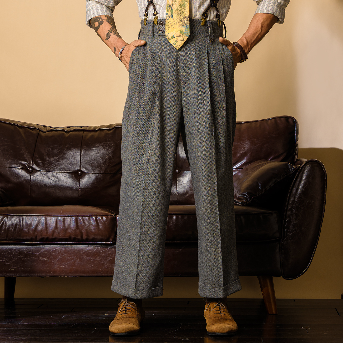 SOARIN英伦风复古毛呢西装裤男 冬季人字纹商务直筒休闲高腰长裤