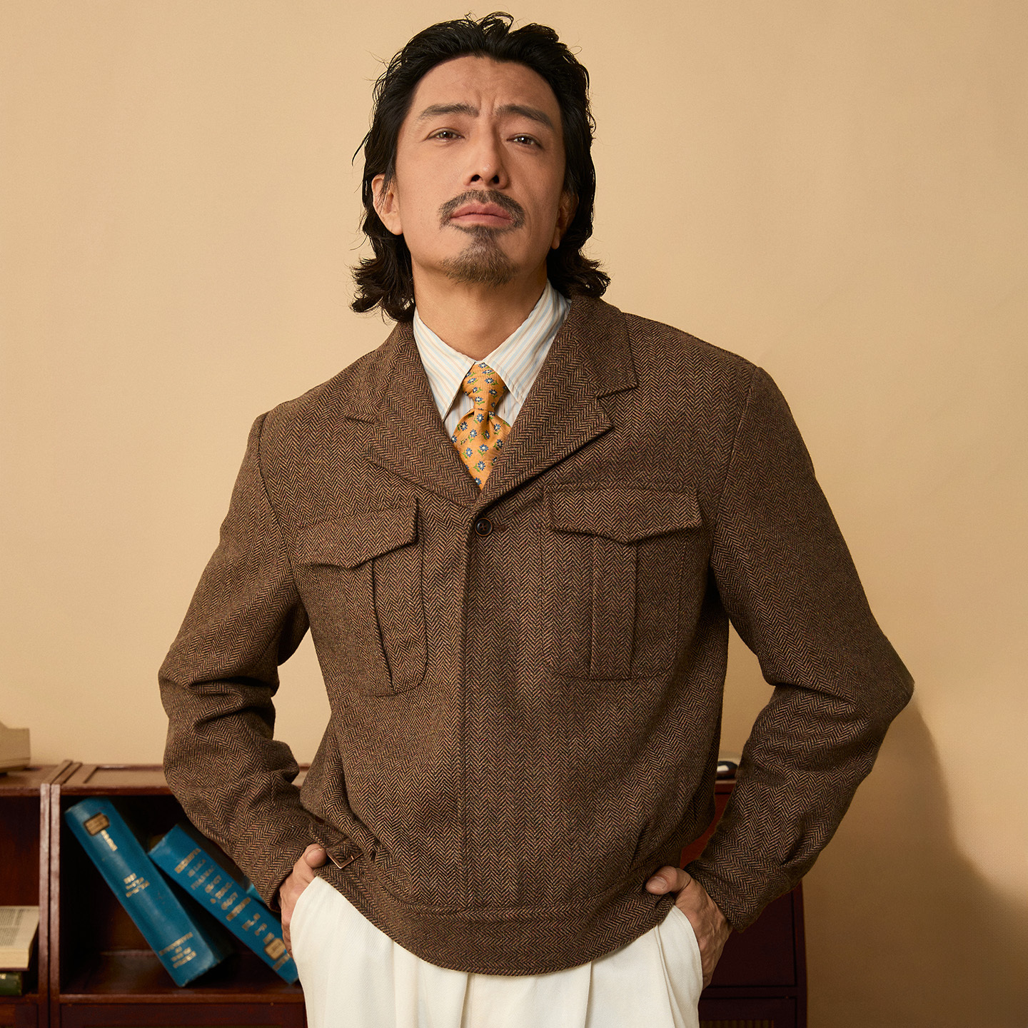 SOARIN英伦风复古羊毛呢夹克男 秋冬人字纹休闲翻领短款茄克外套