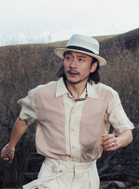 SOARIN英伦风复古亚麻短袖衬衫男 拼接格子商务休闲宽松波点衬衣