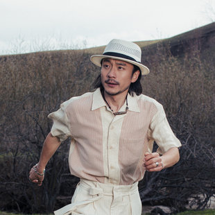 拼接格子商务休闲宽松波点衬衣 男 SOARIN英伦风复古亚麻短袖 衬衫