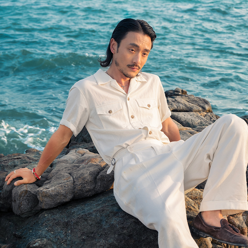 SOARIN复古美式工装古巴领衬衫男双口袋休闲垂感中性简约短袖衬衣