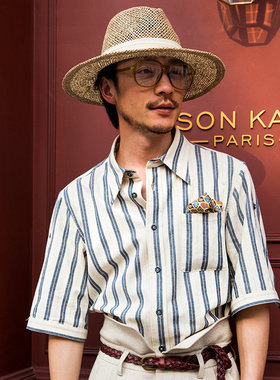 SOARIN英伦风复古条纹短袖衬衫男高级感轻奢商务正装绅士中袖衬衣