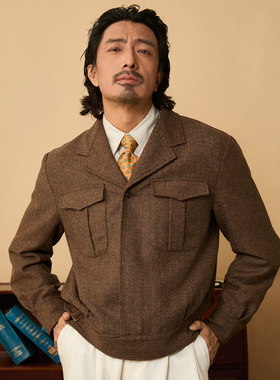 SOARIN英伦风复古羊毛呢夹克男 秋冬人字纹休闲翻领短款茄克外套