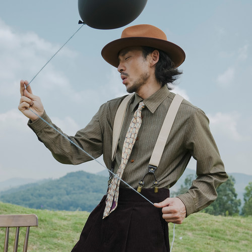 SOARIN英伦雅痞条纹衬衫男秋冬复古老钱风长袖休闲通勤男士衬衣
