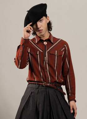 SOARIN美式复古红色大条纹长袖衬衫男阿美咔叽西部风休闲工装衬衣