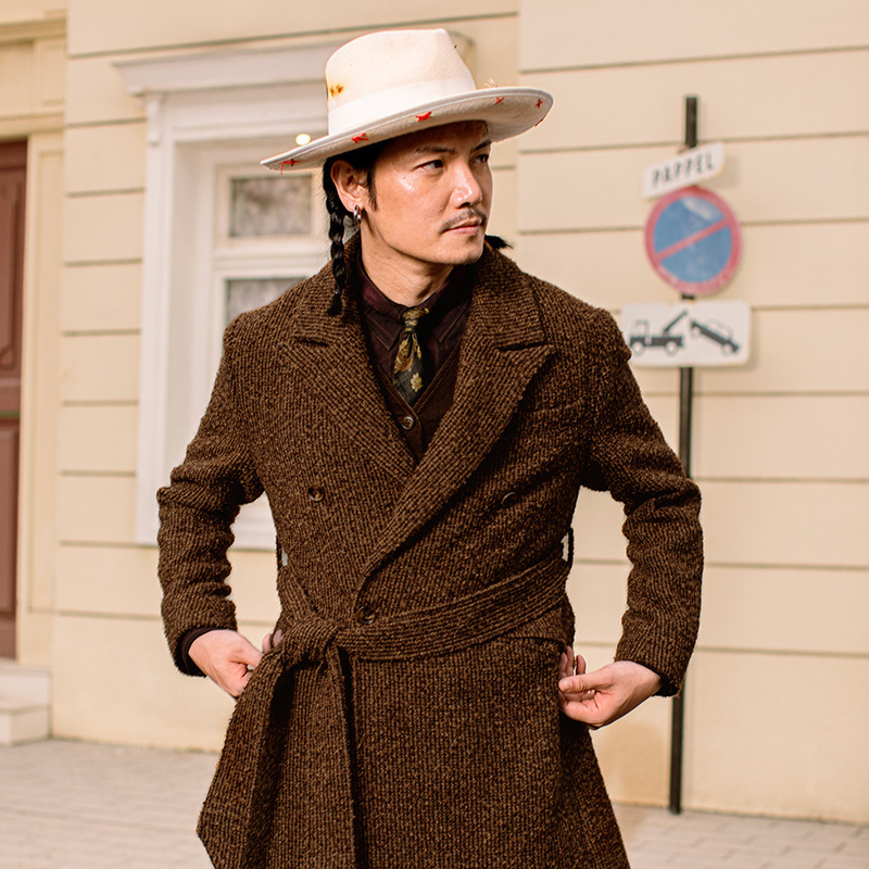 SOARIN复古老钱风羊毛呢马球大衣男双排扣提花条纹中长款风衣外套