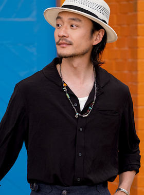 SOARIN英伦风复古黑色长袖衬衫男夏季薄款商务休闲修身青果领衬衣