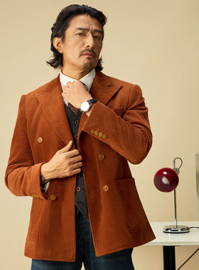 SOARIN英伦风复古灯芯绒西装外套男 老钱风绅士商务双排扣单西服