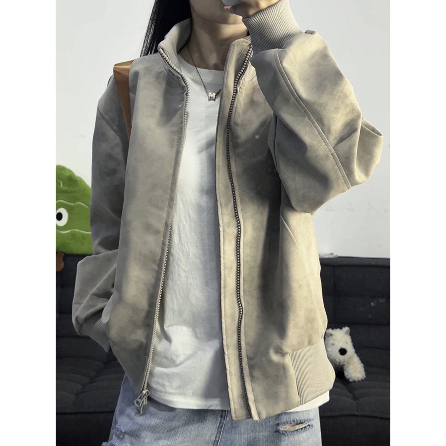 灰色美式扎染皮衣外套男秋季cleanfit飞行员夹克立领设计感棒球服