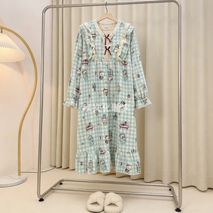 日系软妹可爱珊瑚绒睡裙女秋冬款长袖格子宽松大码胖mm冬天睡衣裙