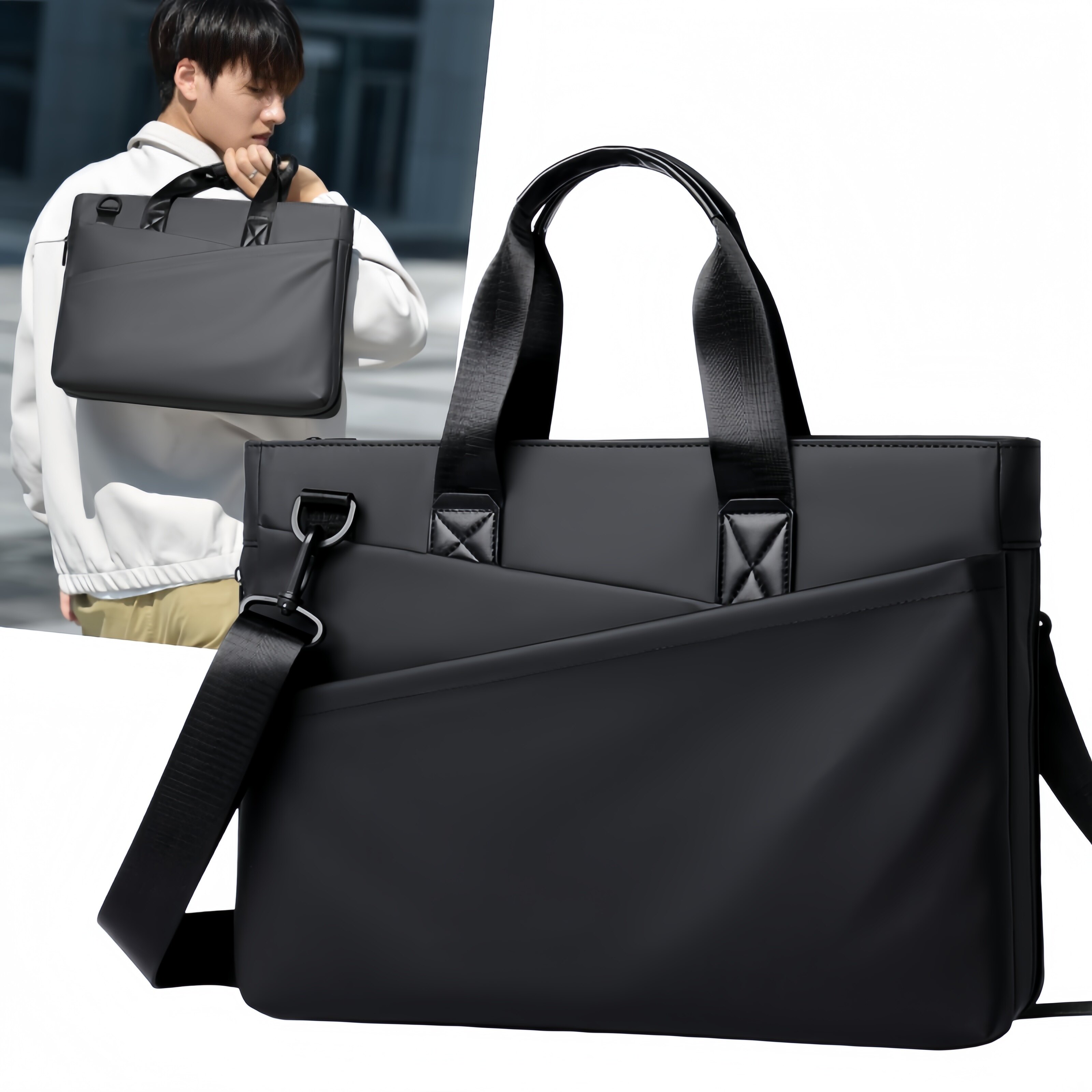 2026新款时尚商务男士手提包大容量黑色电脑公文包单肩斜挎通勤包