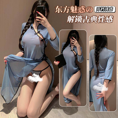 大码胖mm情调睡衣开衩旗袍制服纯欲床上趣味激情薄纱轻透连衣裙