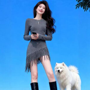 法式掐腰灰色流苏边针织连衣裙