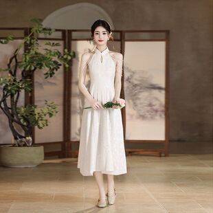 旗袍苏州高级感新中式国风礼服款改良挂脖2026宴会新款女年轻白色