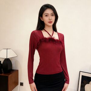 东南亚春上新设计感别致一字毛领钉珠镶钻扣棉T恤长袖网纱女上衣