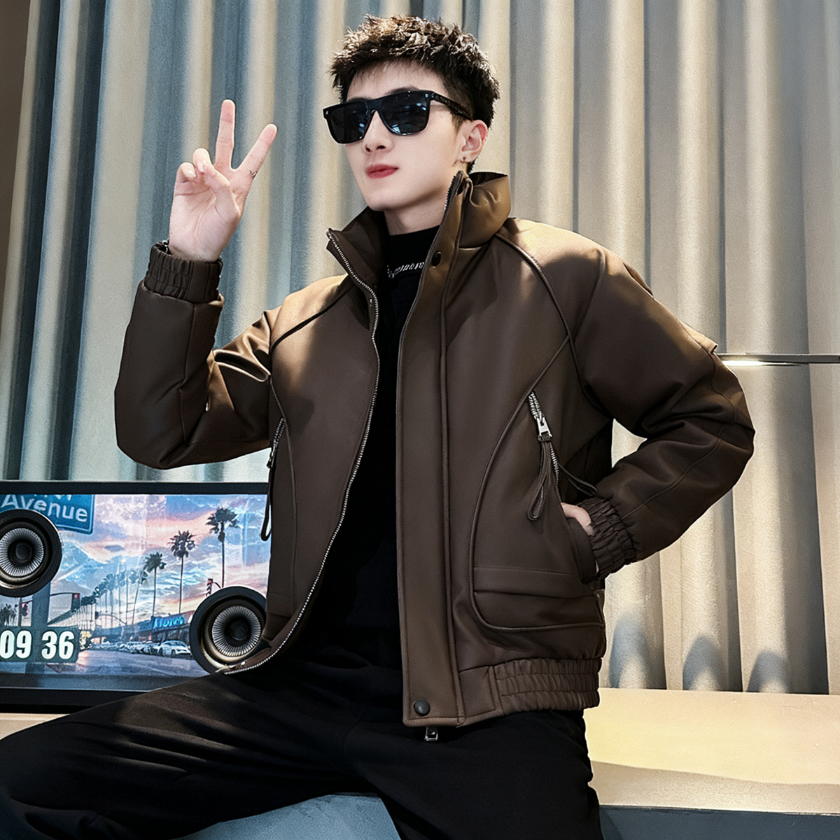 男士高级感PU皮棉服秋冬装加厚