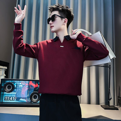 痞帅卫衣男款独特撞色V领上衣