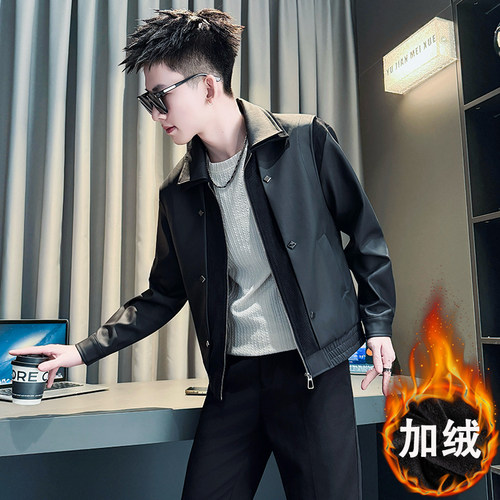 秋冬款痞帅皮衣男装加绒加厚夹克