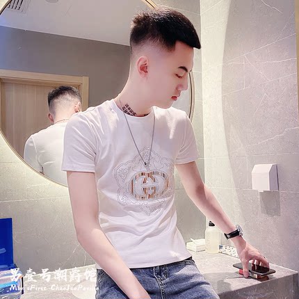 短袖t恤男士修身纯棉体恤2025新款精神小伙潮牌ins烫钻半截袖衣服