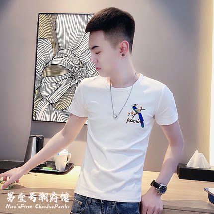 夏季短袖t恤男士修身纯棉体恤2025新款刺绣潮牌ins半袖痞帅上衣服