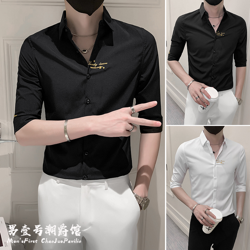 夏季七分袖衬衫男装冰丝上衣痞帅