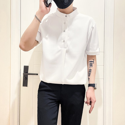 冰丝短袖衬衫男士超好看立领半袖2025新款痞帅风炸街潮牌独特上衣