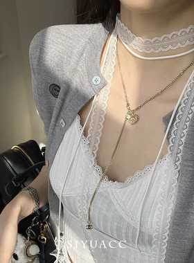 ins风叠戴蕾丝丝带颈带锁骨链女