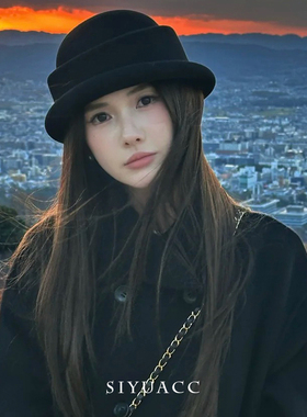 冬季优雅赫本风羊毛卷边礼帽女