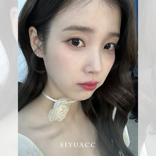 IU同款网纱珍珠山茶花颈链女choker气质花朵绑带颈带锁骨链项链