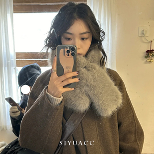 韩版 仿狐狸毛皮草高级感领饰保暖加厚毛领围脖 灰色毛绒围巾女冬季