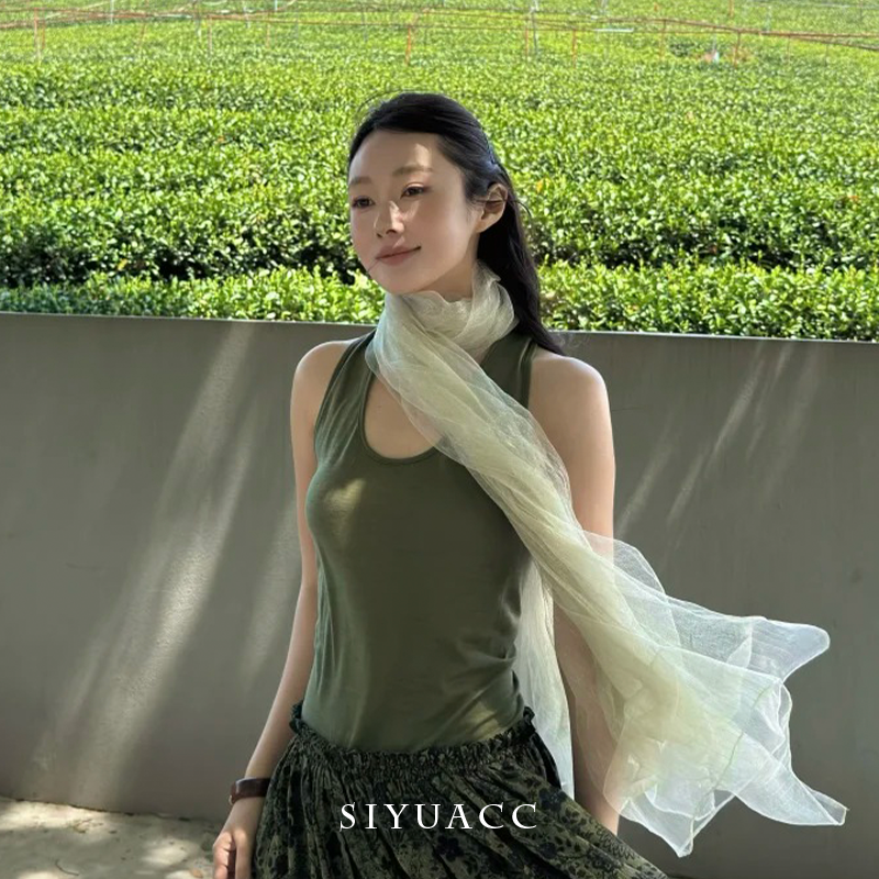浅绿色薄款网纱丝巾围巾春夏小众纱巾文艺氛围感系脖穿搭披肩女