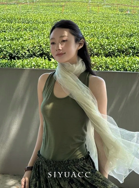 浅绿薄款网纱文艺系脖披肩围巾女