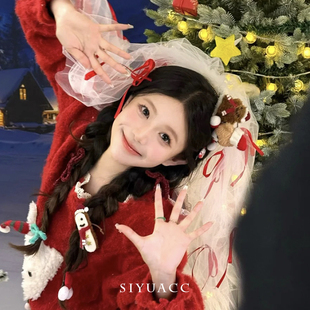 圣诞节红色蝴蝶结头纱甜美氛围感头巾配饰设计感装 饰新年头饰发饰