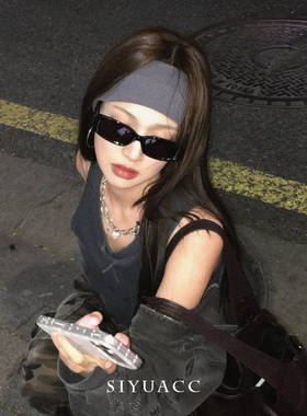 美式灰色宽边条纹发带女辣妹y2k运动健身百搭弹力束发带百搭头带