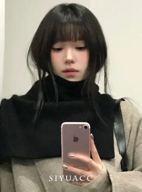 韩版黑色针织高领保暖披肩围脖女