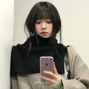 韩版黑色针织披肩女冬季保暖百搭高领围脖时尚气质围巾穿搭配饰