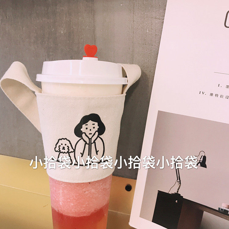 抖音网红可爱奶茶兜帆布棉麻 斜挎挂脖杯套 环保饮料手提袋拎袋